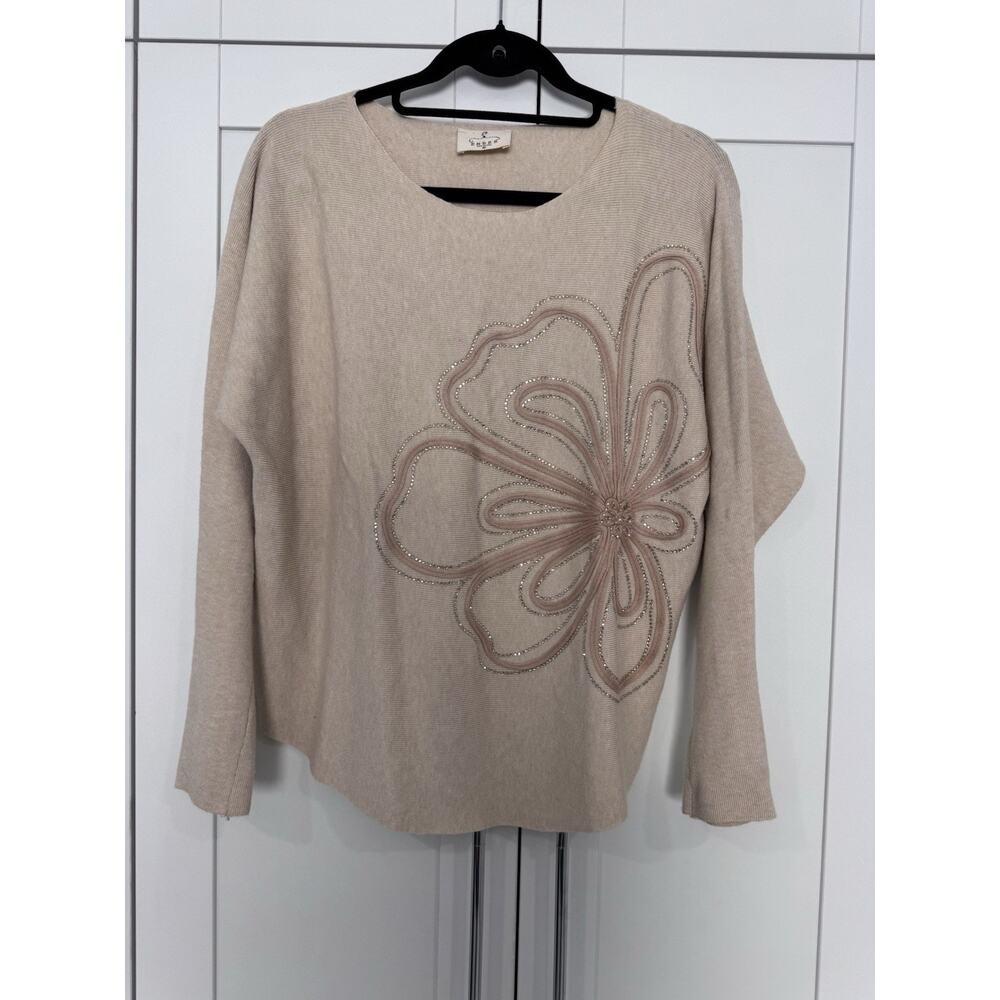 Ember Sweater Womens Beige Embellished Floral Rhinestone Lightweight Knit Top M